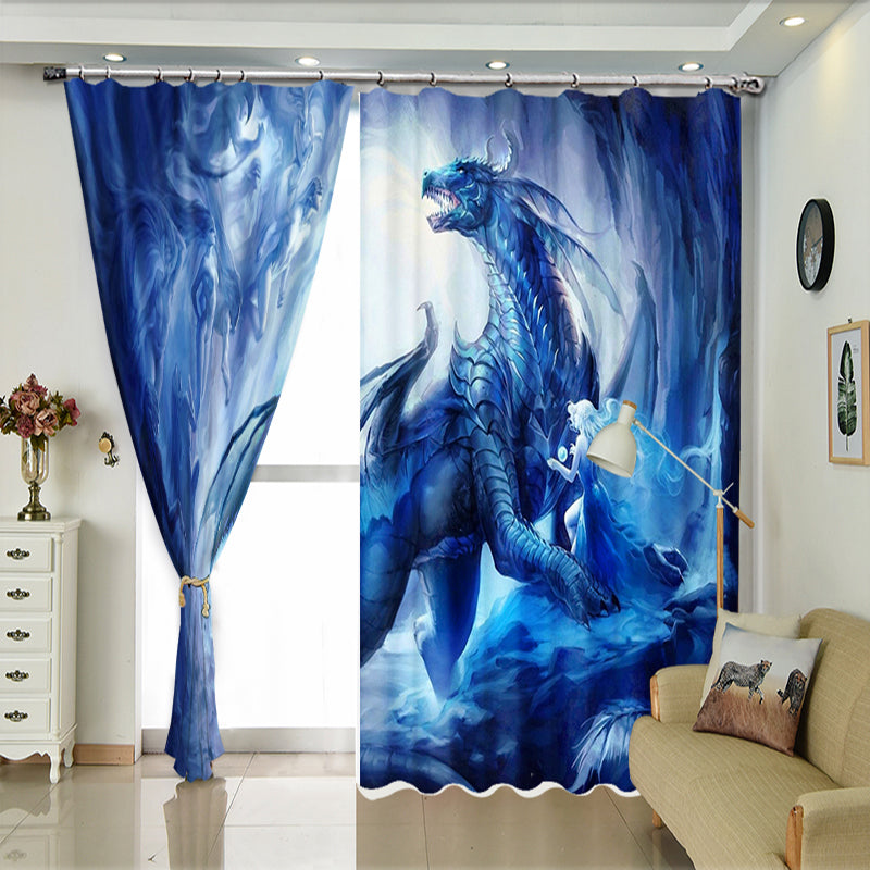 3D Dragon and Elves Cartoon Blue Curtain Bathroom Blackout