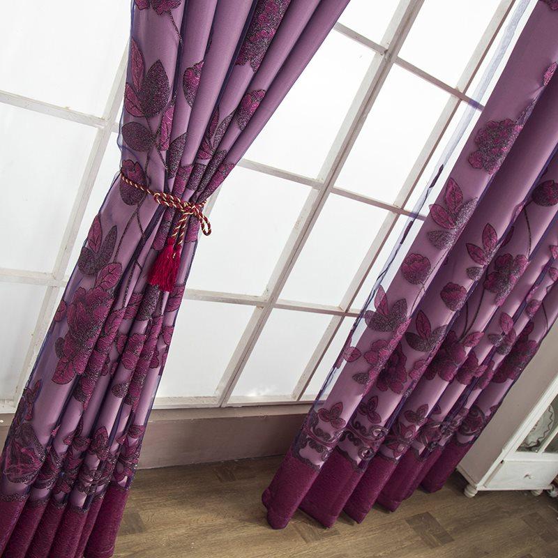 Double Floral Embroidered Curtain Sets Lily Purple Sheer and Lining Blackout Curtains for Living Room Bedroom Window Decoration