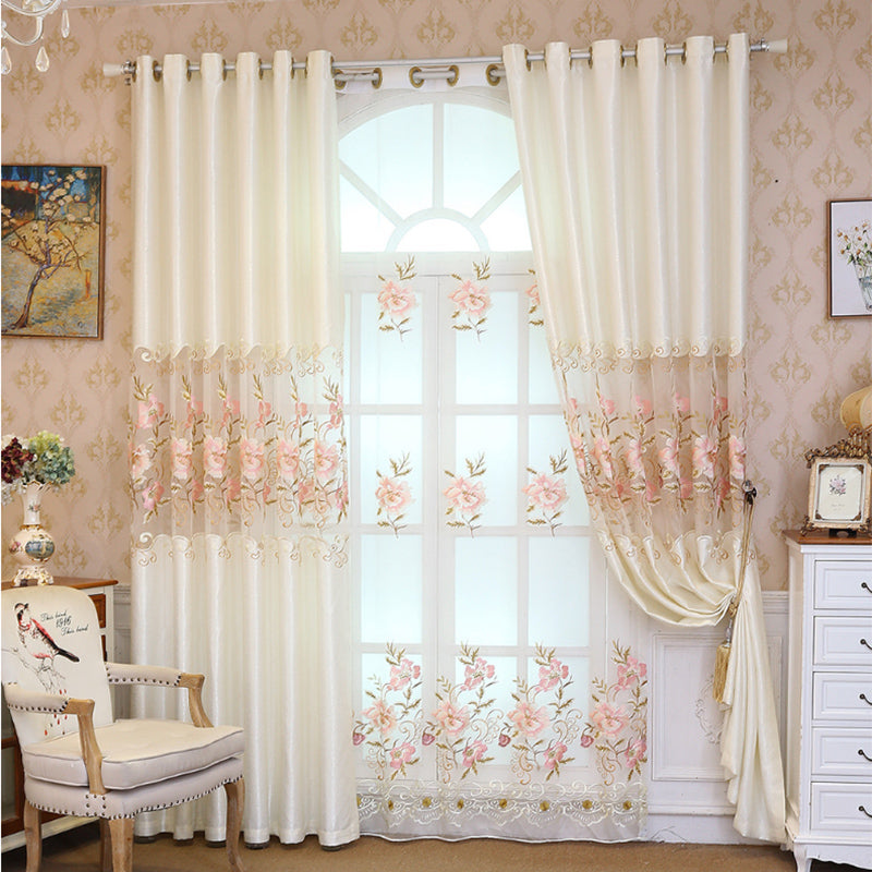 Beige Organza with Embroidered Pink Peach Flowers Romantic and Elegant Window Sheer Drapes