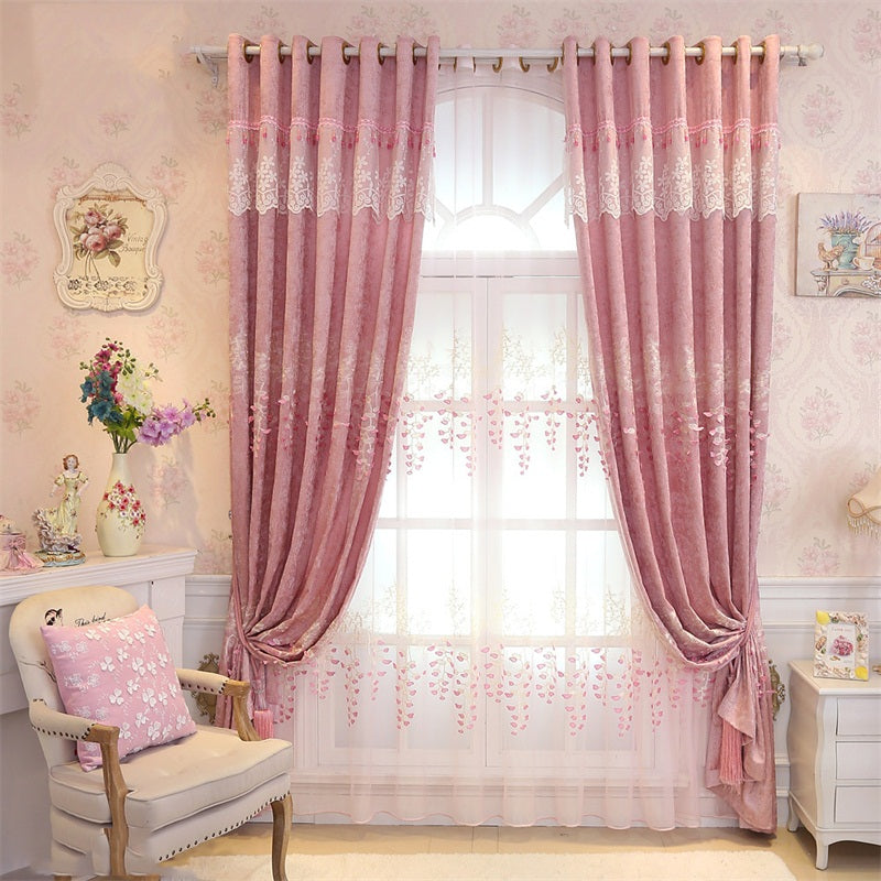 Romantic Pink Color Pastoral Style Embroidered Shading Curtain and Sheer for Bedroom Living Room Finished Product Shading Cloth