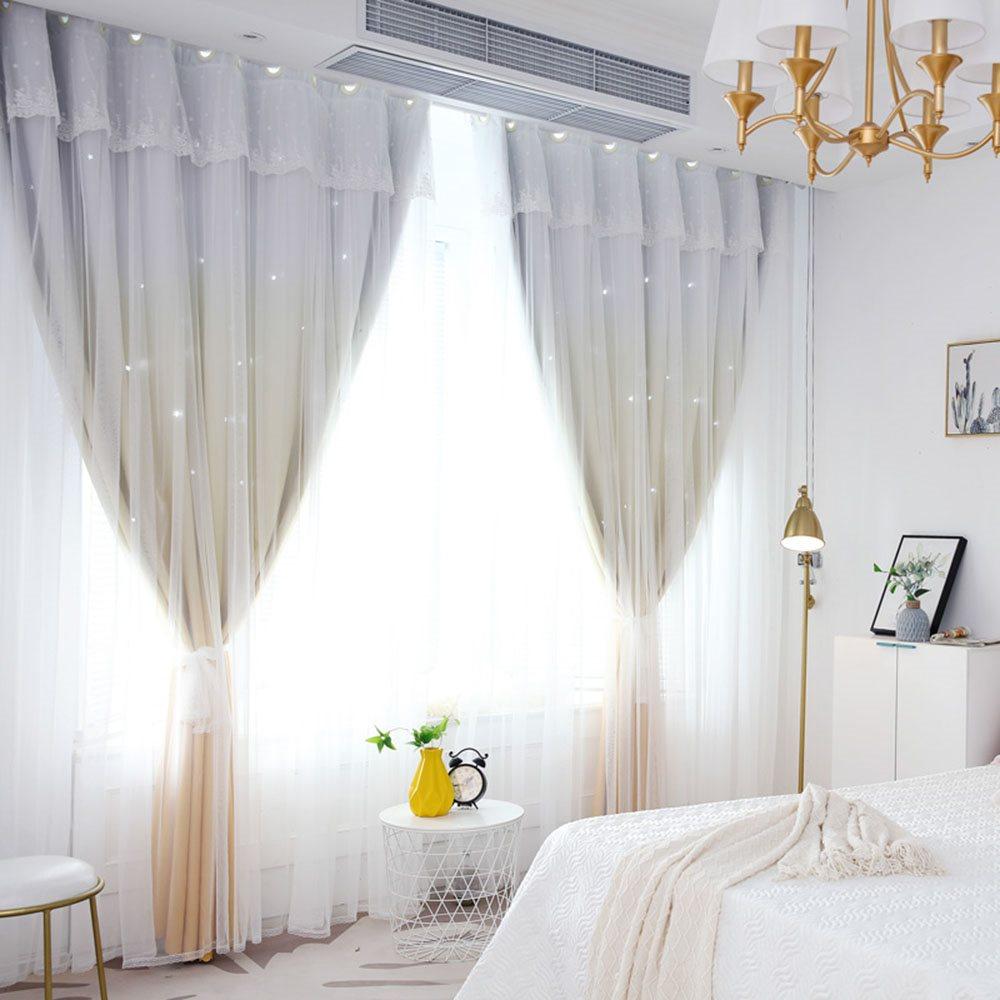 Romantic Princess Color Gradient Star Hollowed-out Custom Blackout Curtain Cloth and Sheer Sewing Together Curtain Set