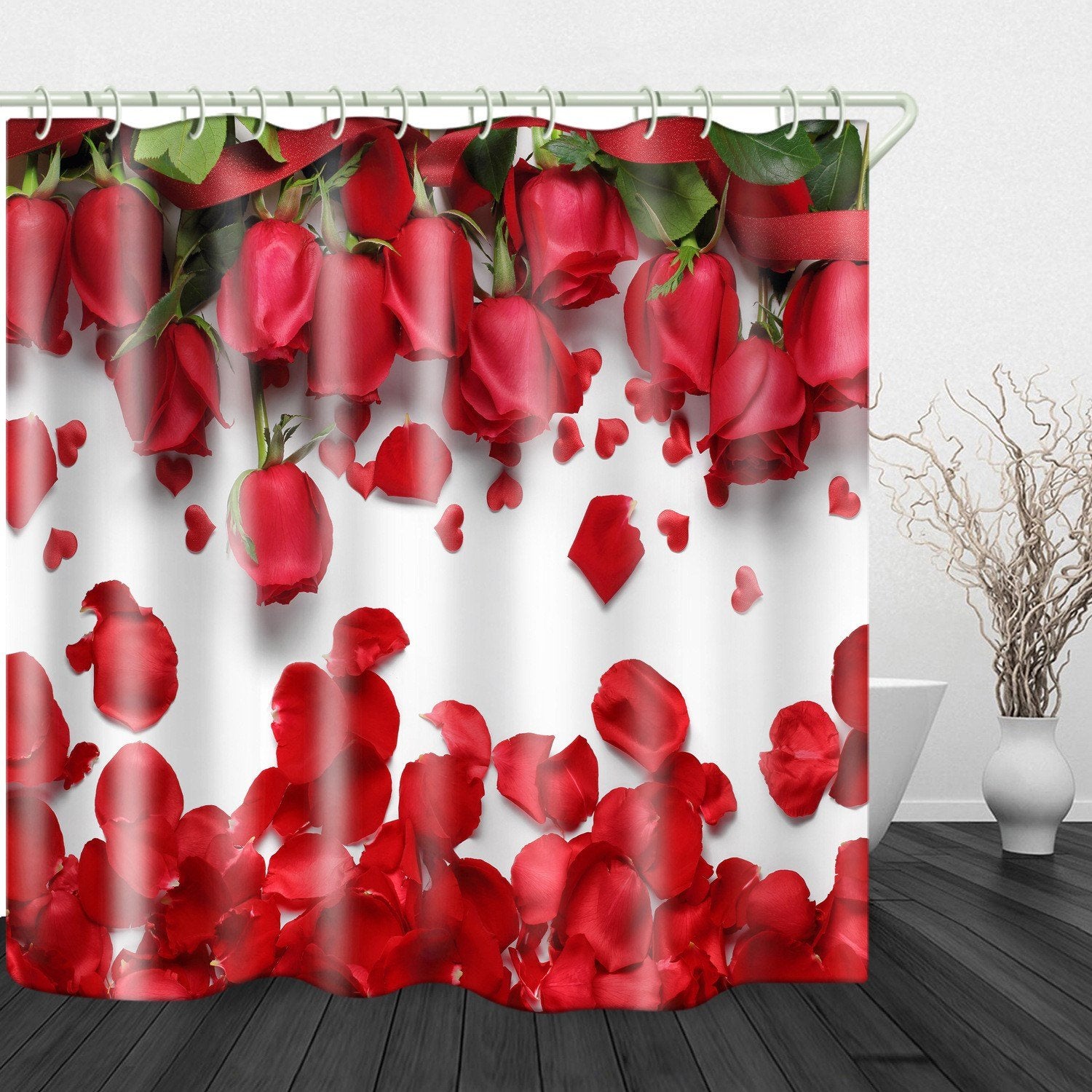 3D Shower Curtain Red Rose Bathroom Partition Shower Curtain Set Durable Waterproof Mildew Proof Polyester