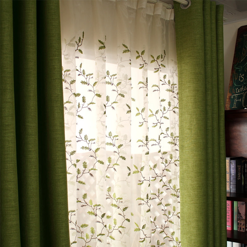 Blackout and Decoration Polyester Plain Weave Green Solid Modern Style Grommet Top Curtain