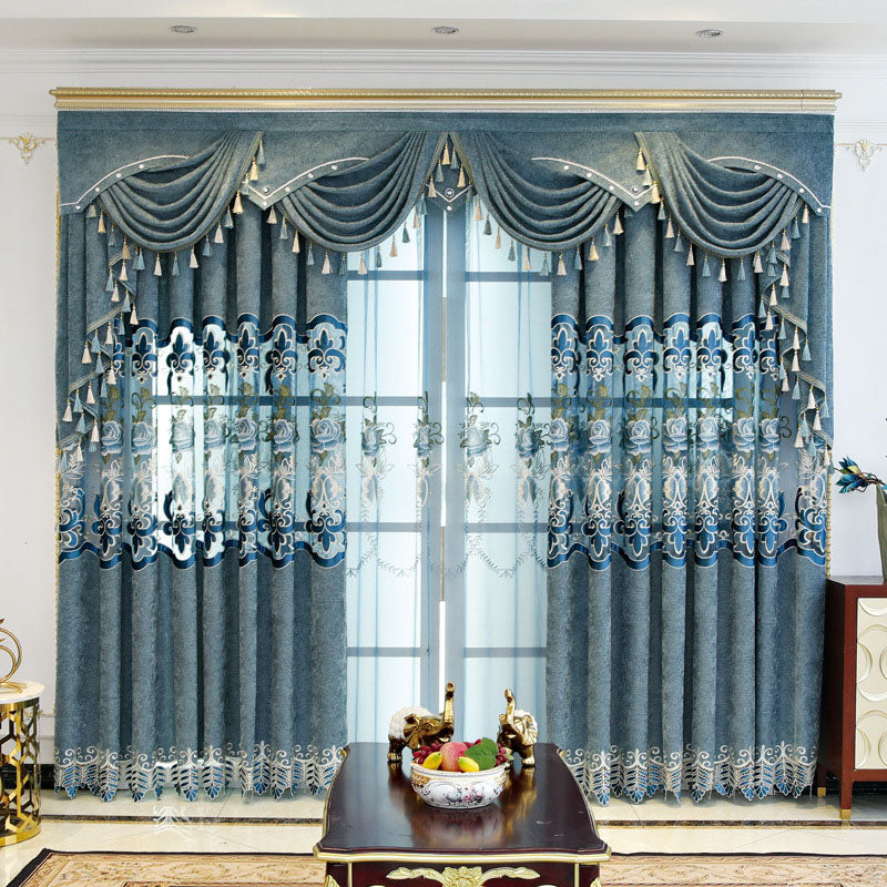 European Vintage Blackout Curtains High Quality Elegant Blue Chenille Embroidery Window Curtains Sheer for Living Room Bedroom 2 Panels Drapes