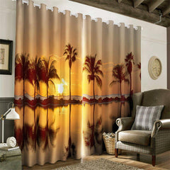 Golden Sunset Scenery with Palm Trees Printing 2 Panels Custom Living Room 3D Curtain