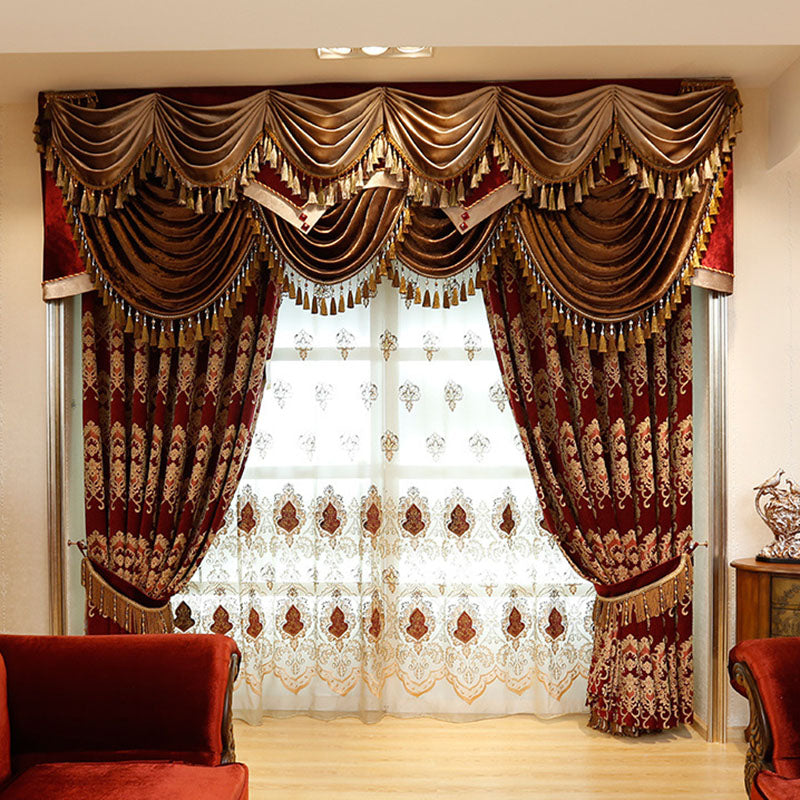 Luxury Thick Chenille Blackout Curtains Burgundy Embroidery Shading Curtain Sheer Valance Living Room Bedroom Curtains Made to Measure 2 Panles