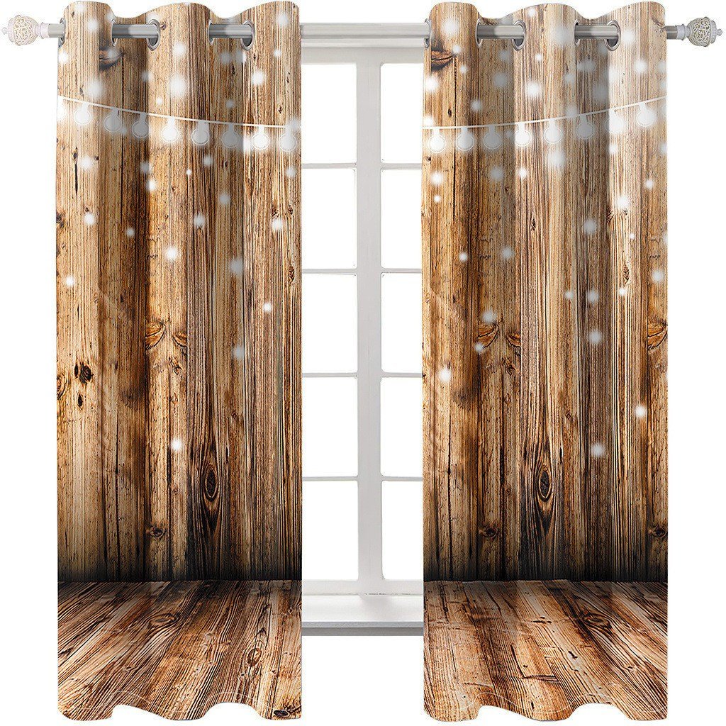 3D Window Curtains Wooden and Light Print Blackout Curtains for Living Room Bedroom Window Drapes Chirstmas 2 Panels Set