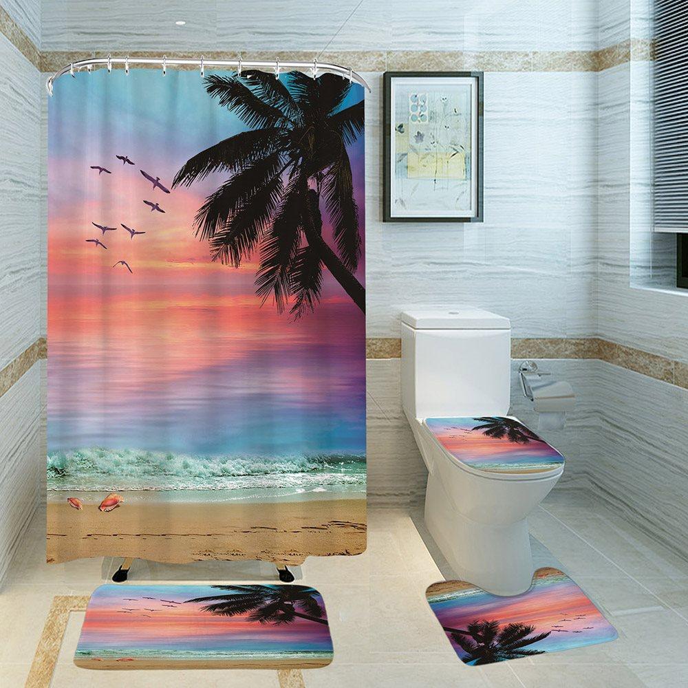 3D Printed Coast Sunset Palm Landscape Shower Curtain Set Bathroom Partition Curtain Durable Waterproof Mildew Proof Polyester