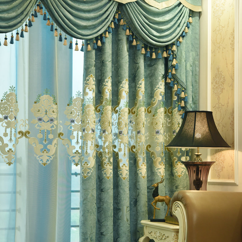 European Blue Blackout Curtains Thermal Insulated Sun Light Blocking for Bedroom Living Room Embroidery Window Curtains 2 Panels Drapes