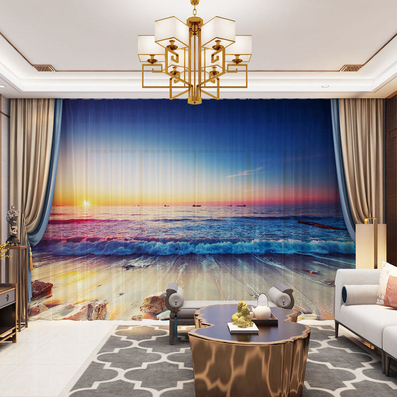 3D Decorative Seascape Sheer Curtains Gorgeous Sunset and Tide Printed 2 Panels Custom Sheer