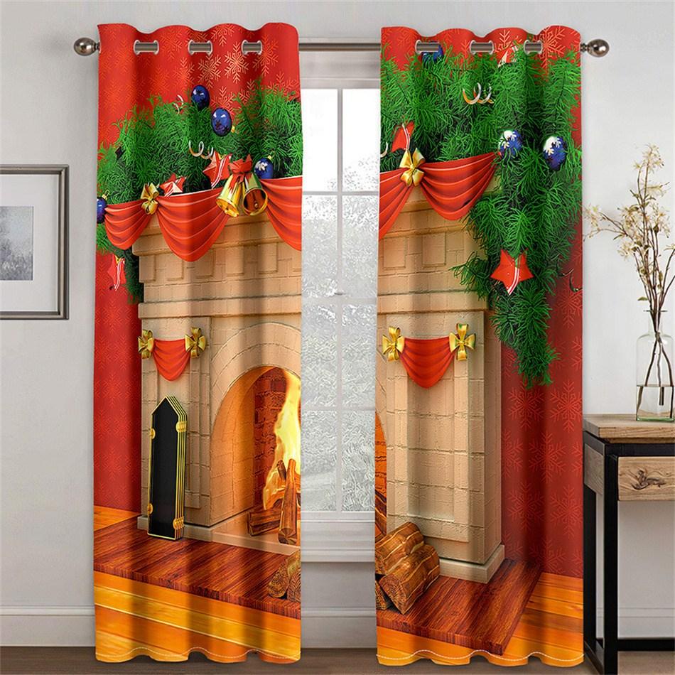 Christmas Fireplace 3D Blackout Curtains Xmas Print Curtains for Living Room Bedroom Window Drapes 2 Panel Set