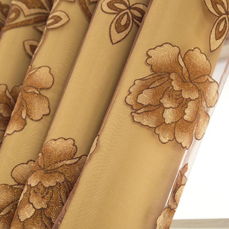 Brown Double Lily Embroidered Curtain Sets Sheer and Lining Blackout Curtains for Living Room Bedroom Decoration