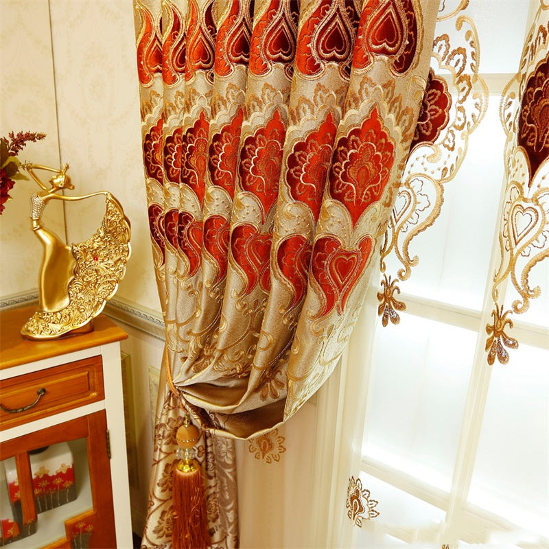 Noble and Elegant Blackout Curtains Thick Chenille Embroidered Golden and Red Flowers Shading Curtain 2 panels Grommet Top Curtain