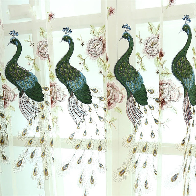 Elegant and Modern Embroidered Peacocks 2 Panels Living Room Sheer Curtain