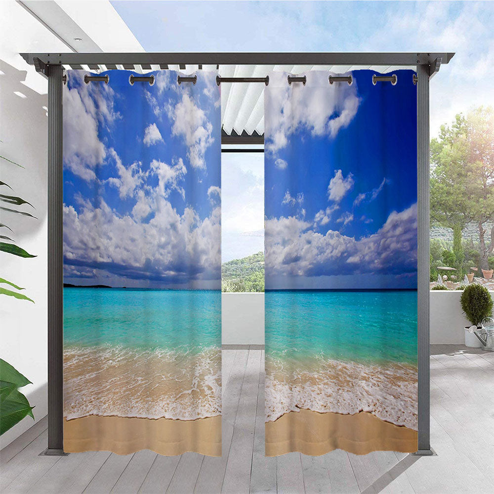 Modern 3D Sea Landscape Outdoor Curtains Grommet Top Cabana Curtain Waterproof Sun-proof Heat-insulating 2 Panels