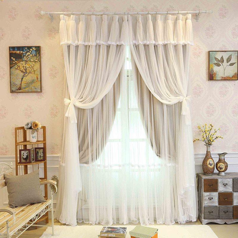 Blackout and Decoration Blending Princess Style Romantic Beige Double Pinch Room Curtain Set