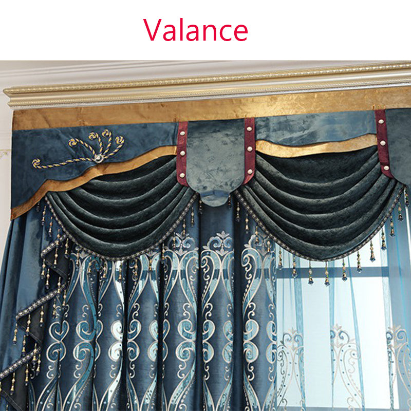 Luxury Blue Blackout Curtains Exquisite Floral Embroidery Sheer Window Shading Curtains Valance for Living Room Bedroom Custom Set of 2 Panels Drapes