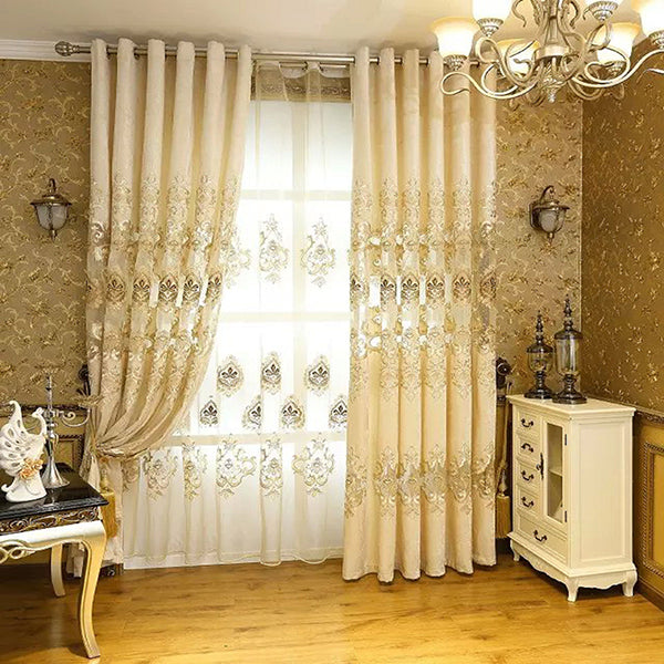 Blackout and Decoration Chenille Classic Shading Curtain Organza Sheer Embroidered Beige Grommet Top Curtain