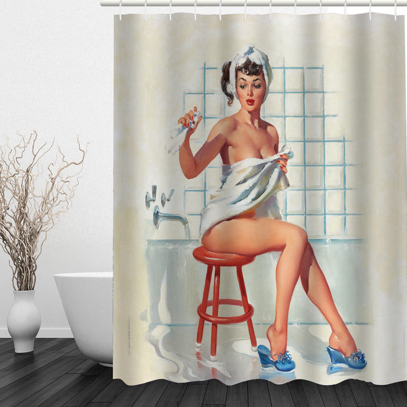 3D Sexy Bathing Girl Printed Polyester Beige Shower Curtain