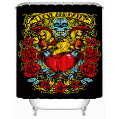 3D Skull and Heart Printed Polyester Black Shower Curtain