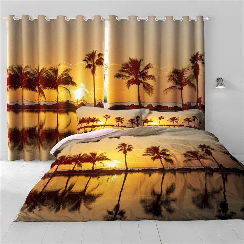 Golden Sunset Scenery with Palm Trees Printing 2 Panels Custom Living Room 3D Curtain