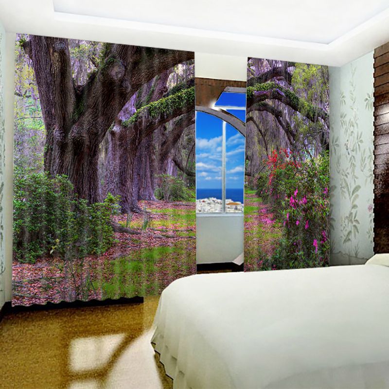 3D Thick Forest and Purple Flowers Printed 2 Panels Living Room Custom Curtain