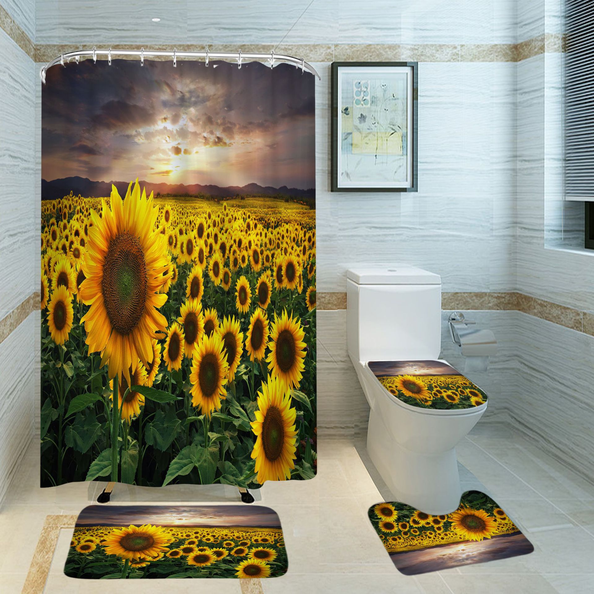 3D Shower Curtain Sunflowers Pattern Bathroom Partition Curtain Set Durable Waterproof Mildew Proof Polyester