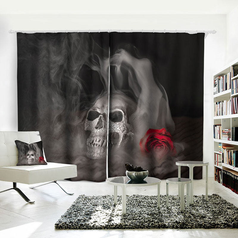 Halloween 3D Shading Cloth Gray Blackout Curtains Skull Printed Water-proof and Dust-proof Custom Curtain for Living Room Bedroom Window Decoration