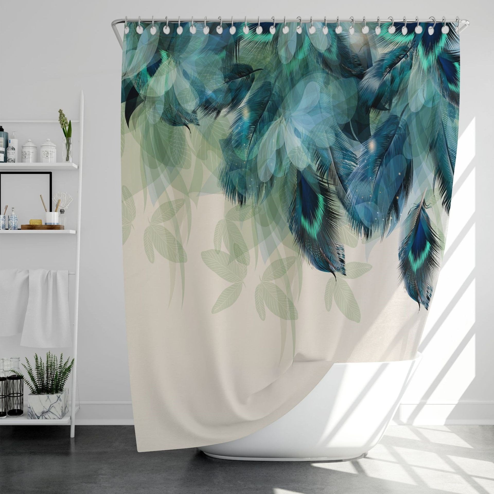 3D Shower Curtain Blue Feather Pattern Bathroom Partition Curtain Set Durable Waterproof Mildew Proof Polyester