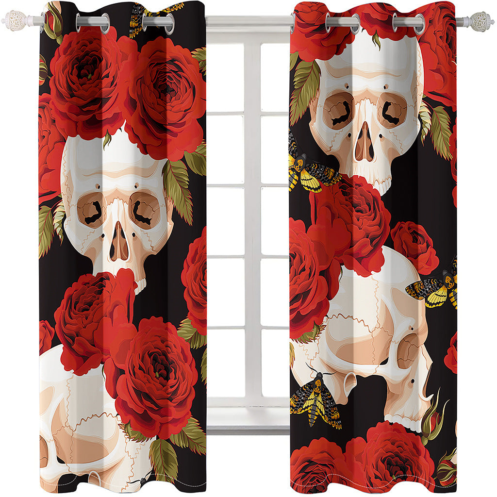 Skull in Red Rose 3D Printed Curtains Blackout Decoration Window Shading Curtain Custom 2 Panels Drapes Polyester