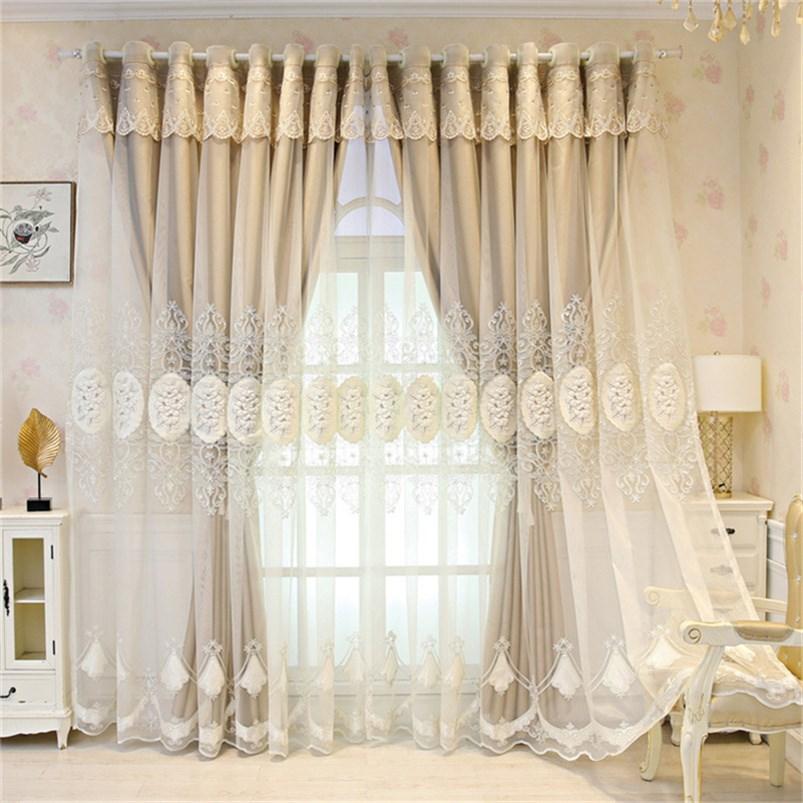 European Double Window Curtain Set Floral Embroidery Curtain Sheer and Lining Blackout Curtains for Living Room Bedroom 2 Panels Drapes Decoration