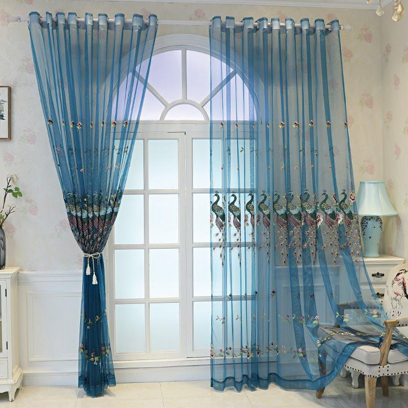 Peacock Embroidery Tulle Blue Elegant Sheer Curtains for Living Room Bedroom Decoration Custom 2 Panels Breathable Voile Drapes