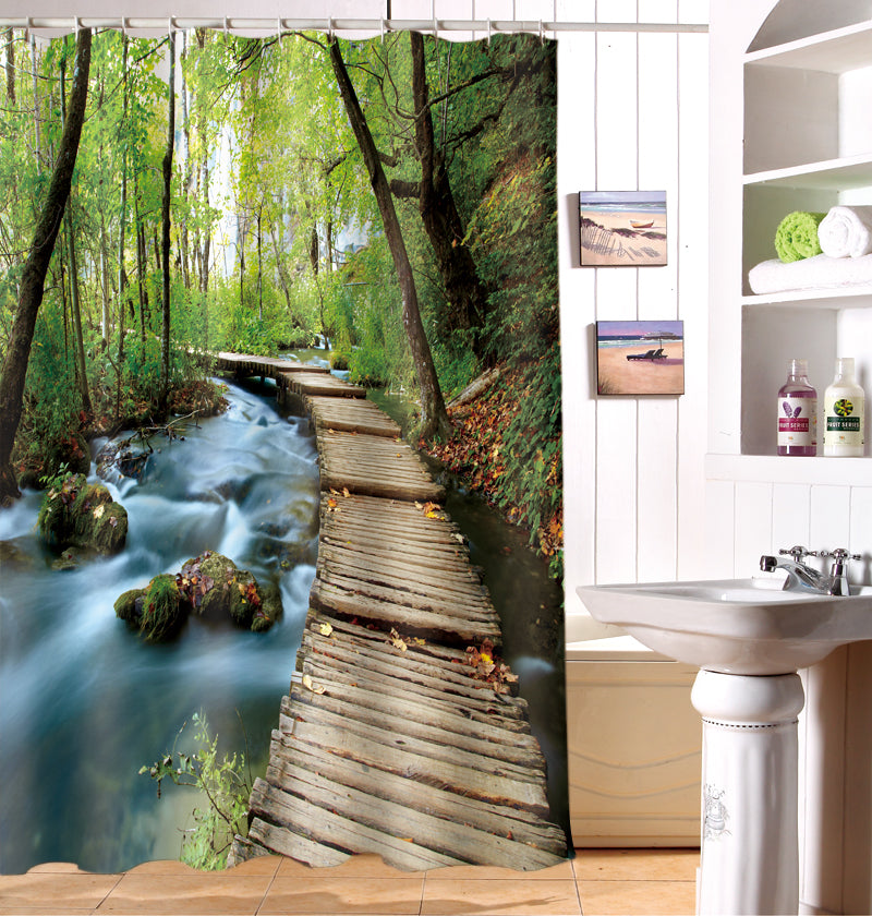 3D Secluded Forest and Wooden Path Printed Polyester Green Shower Curtain