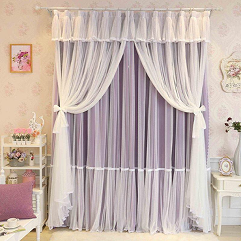 Blackout Curtains Princess Style Purple Lace Sheer and Cloth Sewing Together Blackout Custom Curtain Set