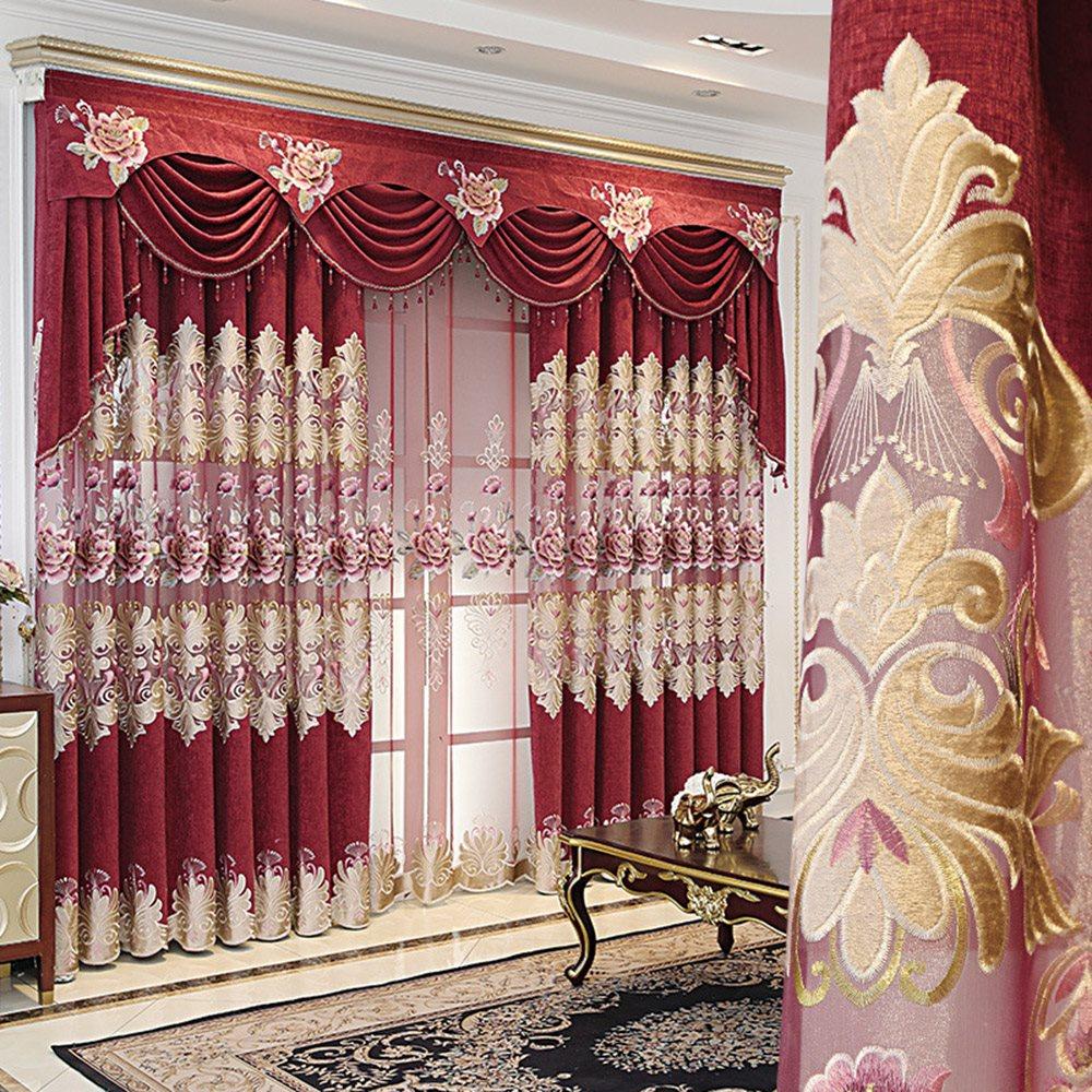 European Red Embroidery Hollowed-out Shading Curtains and Sheer for Living Room Bedroom Decoration High-end Floral Curtains Custom 2 Panels Drapes Chenille