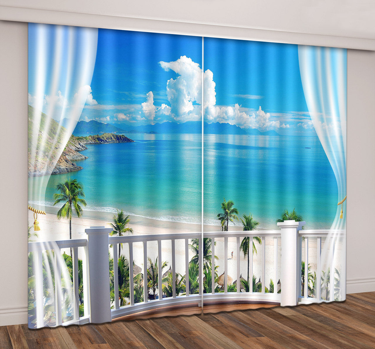 3D Printed Beach with White Clouds and Coconut Trees Scenery Custom Living Room Curtain