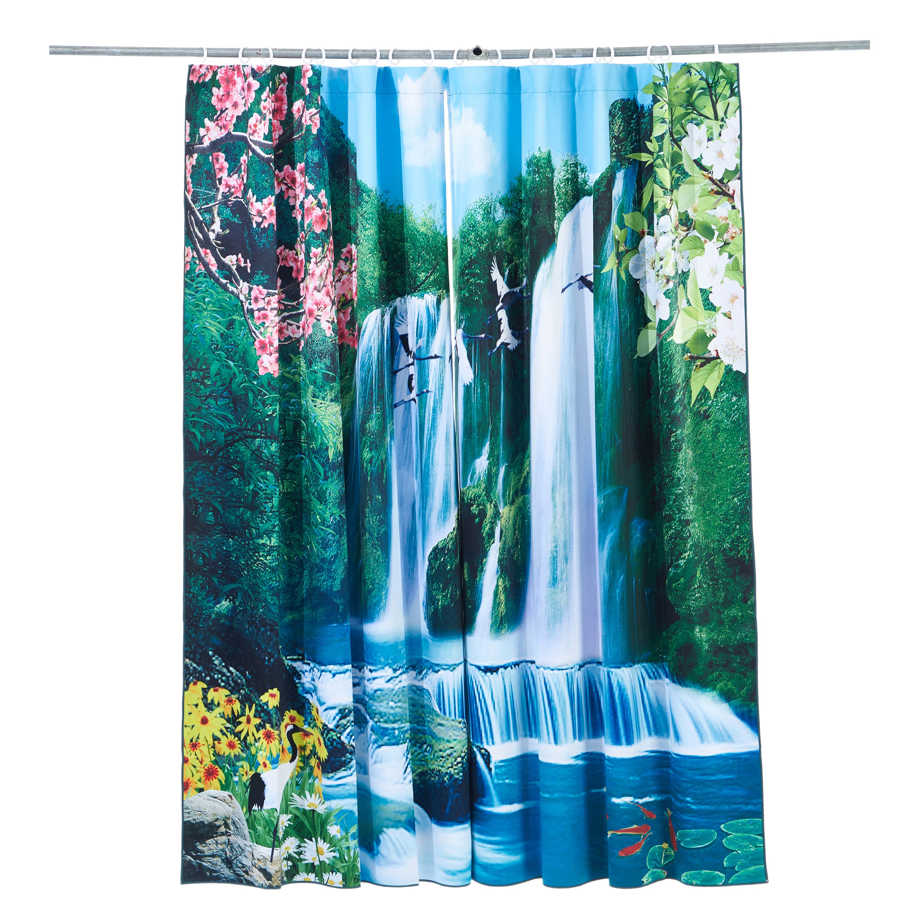 3D Waterfall Green Mountains Sunflowers and Cranes Scenery Printed Custom Living Room Curtain