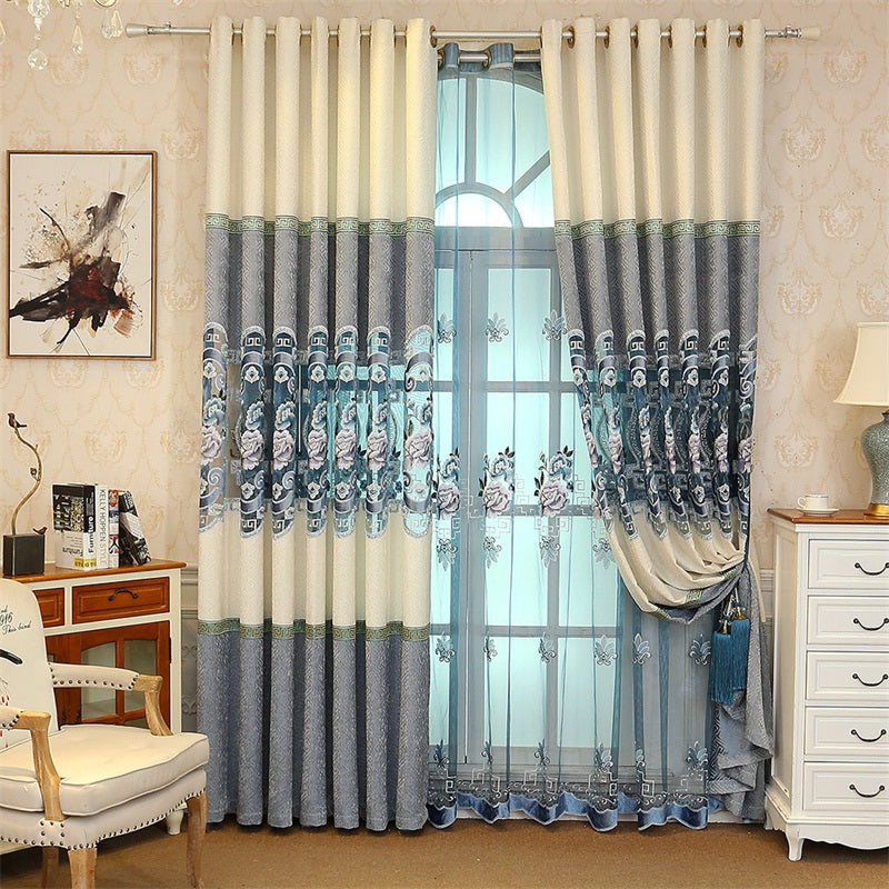 Blackout Curtain Elegant and Cozy Light Blue Embroidered Shading Curtain Flowers Hollowed-out Designing Living Room Curtain