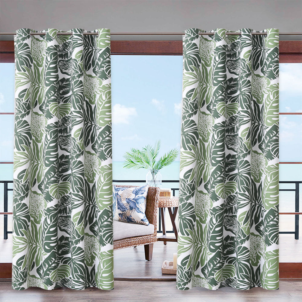 Modern Outdoor Curtains Green Banana Leaf Grommet Top Cabana Curtain Waterproof Sun-proof Heat-insulating 1 Panel