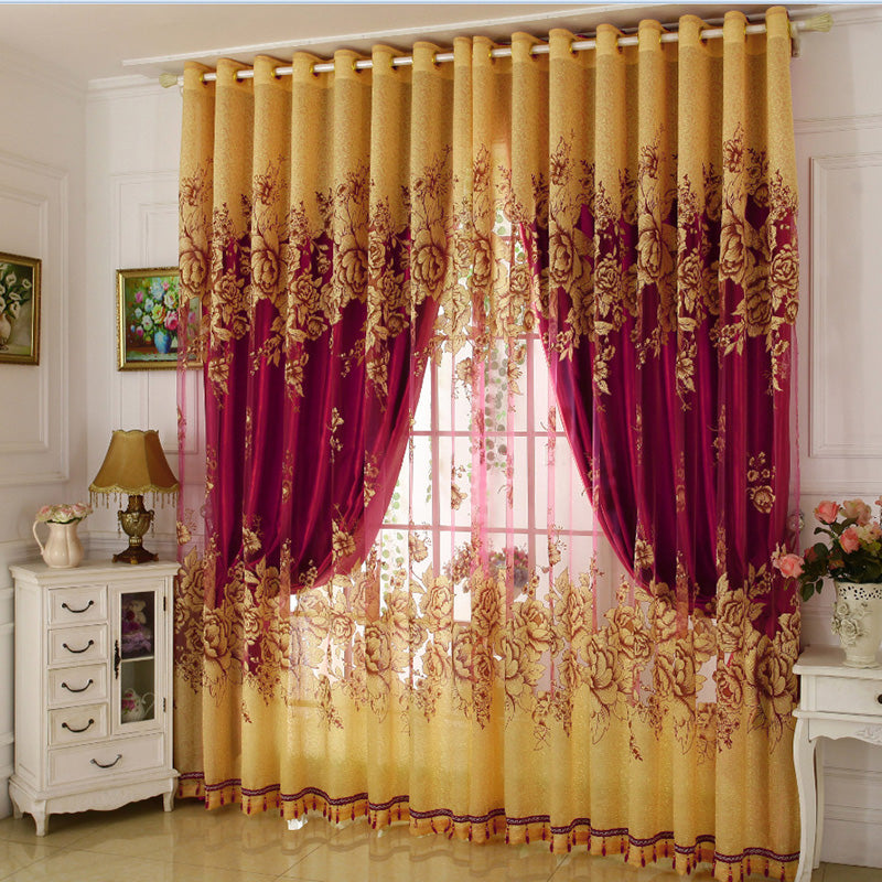 Classical Burgundy Blackout Curtains Gilding Carving Sheer and Solid Lining Living Room Bedroom Curtain Sets No Pilling No Fading No off-lining