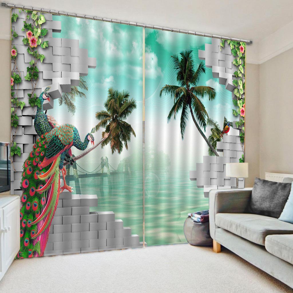 Peacock and Sea Pattern 3D Animal Curtains Blackout Curtains 2 Panels Window Treatments for Living Room Bedroom Window Drapes Home Decorations