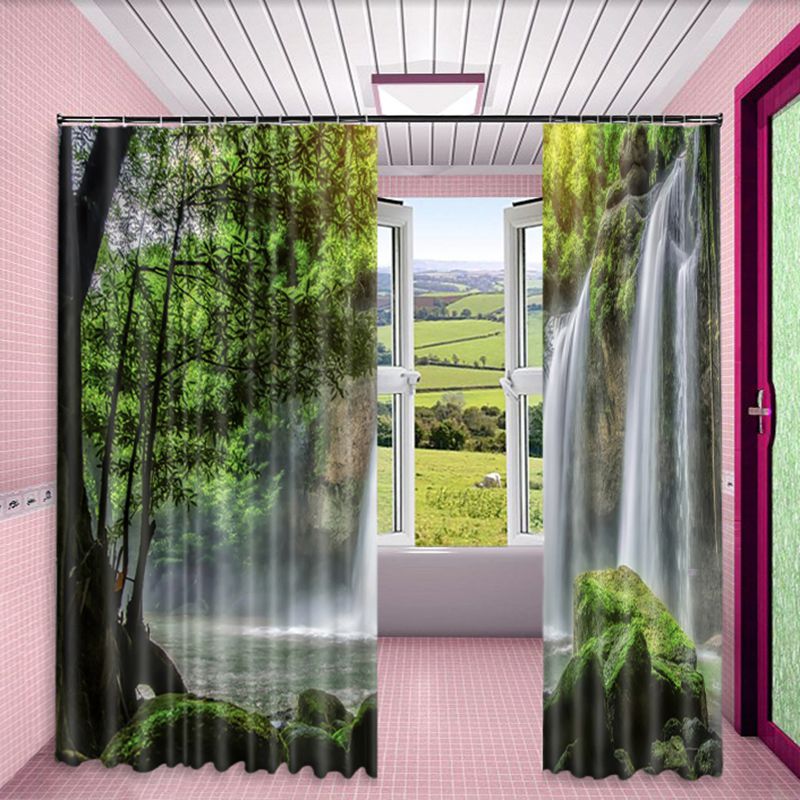 3D Rolling Waterfalls and Luxuriant Forest Printed 2 Panels Living Room Blackout Curtain