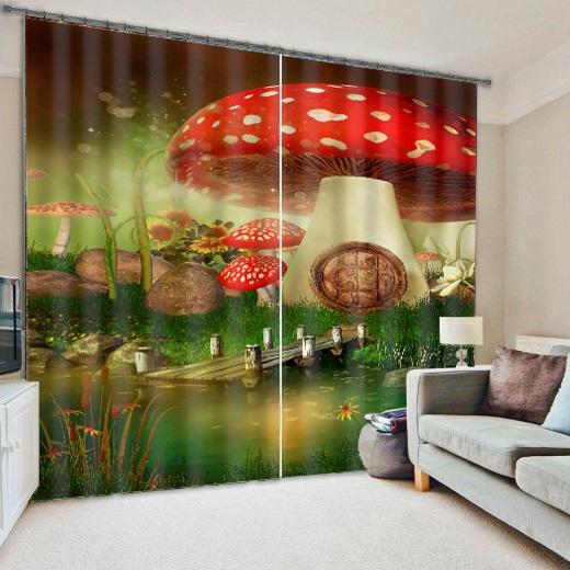 Wonderful and Dreamy Mushroom and Wooden Bridge Polyester 3D Blackout Curtain for Kids Room