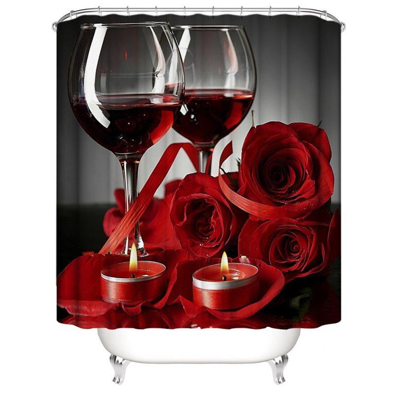 3D Shower Curtain Red Wine Cup and rose Bathroom Partition Curtain Set Durable Waterproof Mildew Proof Polyester