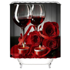 3D Shower Curtain Red Wine Cup and rose Bathroom Partition Curtain Set Durable Waterproof Mildew Proof Polyester