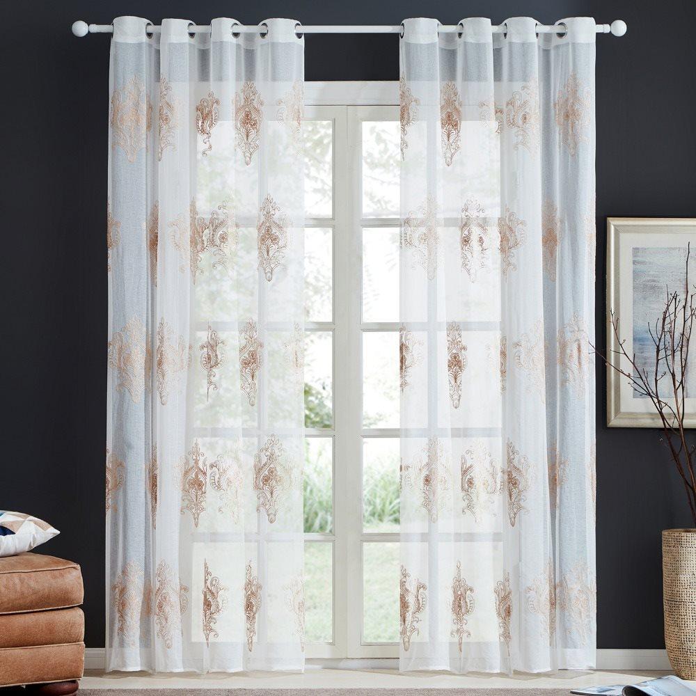 Simple Style Tulle White Coffee Embroidery Sheer Curtains for Living Room Bedroom Decoration Custom 2 Panels Breathable Voile Drapes