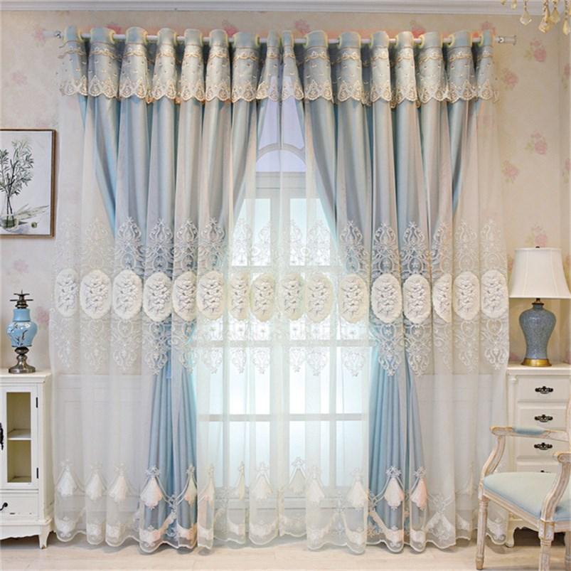 European Double Window Curtain Set Floral Embroidery Curtain Sheer and Lining Blackout Curtains for Living Room Bedroom 2 Panels Drapes Decoration