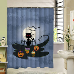 Somber Black Cat and Pumpkin Lanterns at Night Halloween Poster 3D Printing Shower Curtain