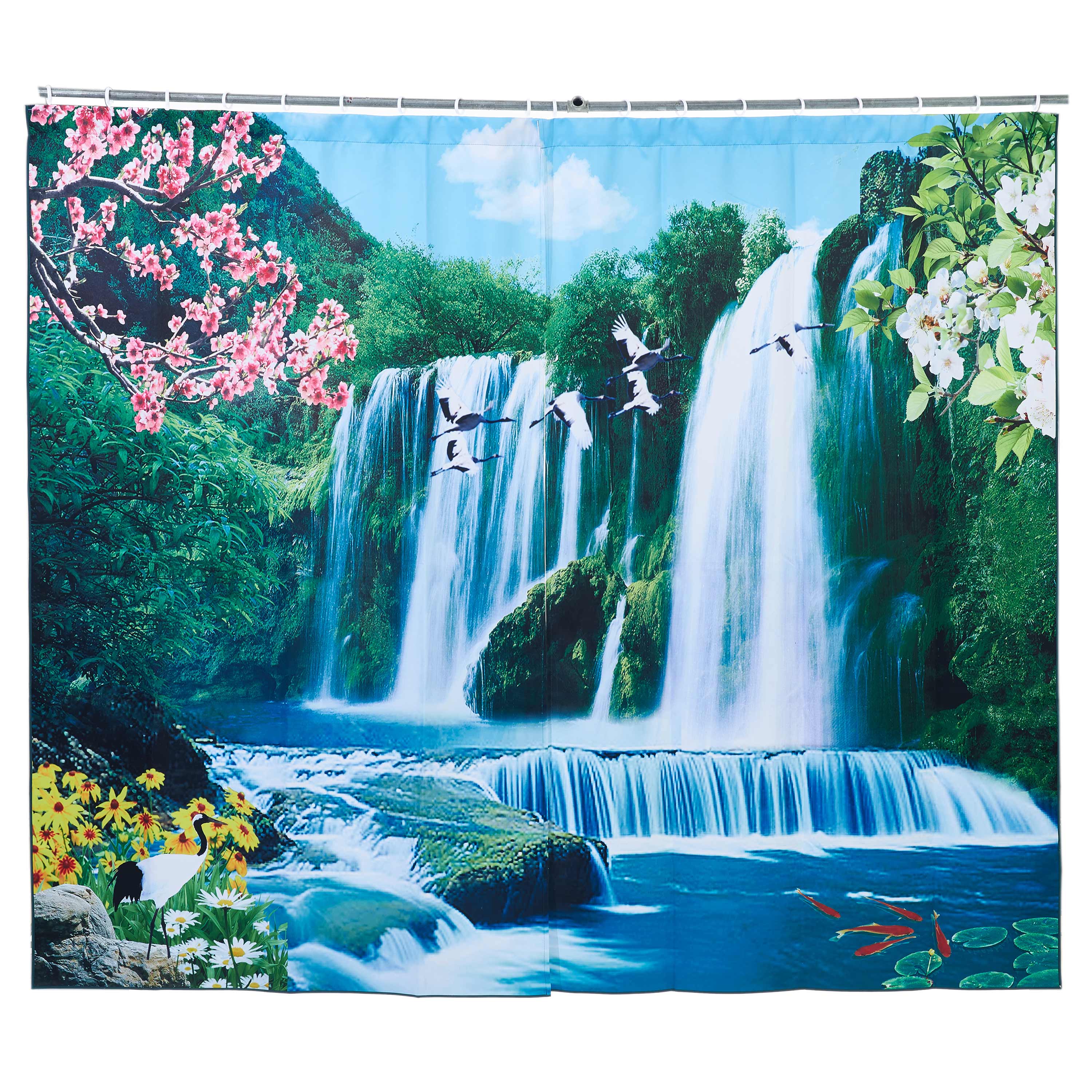 3D Waterfall Green Mountains Sunflowers and Cranes Scenery Printed Custom Living Room Curtain