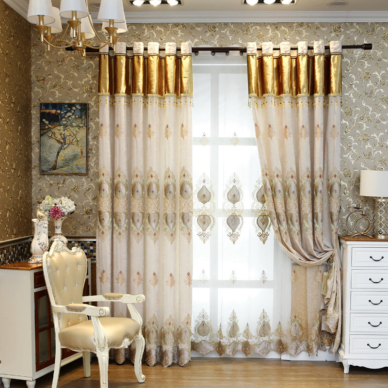 Chenille luxury Blackout Curtains Tulle Elegant Beige European Embroidery Window Curtains Sheer for Living Room Bedroom Set of 2 Panels